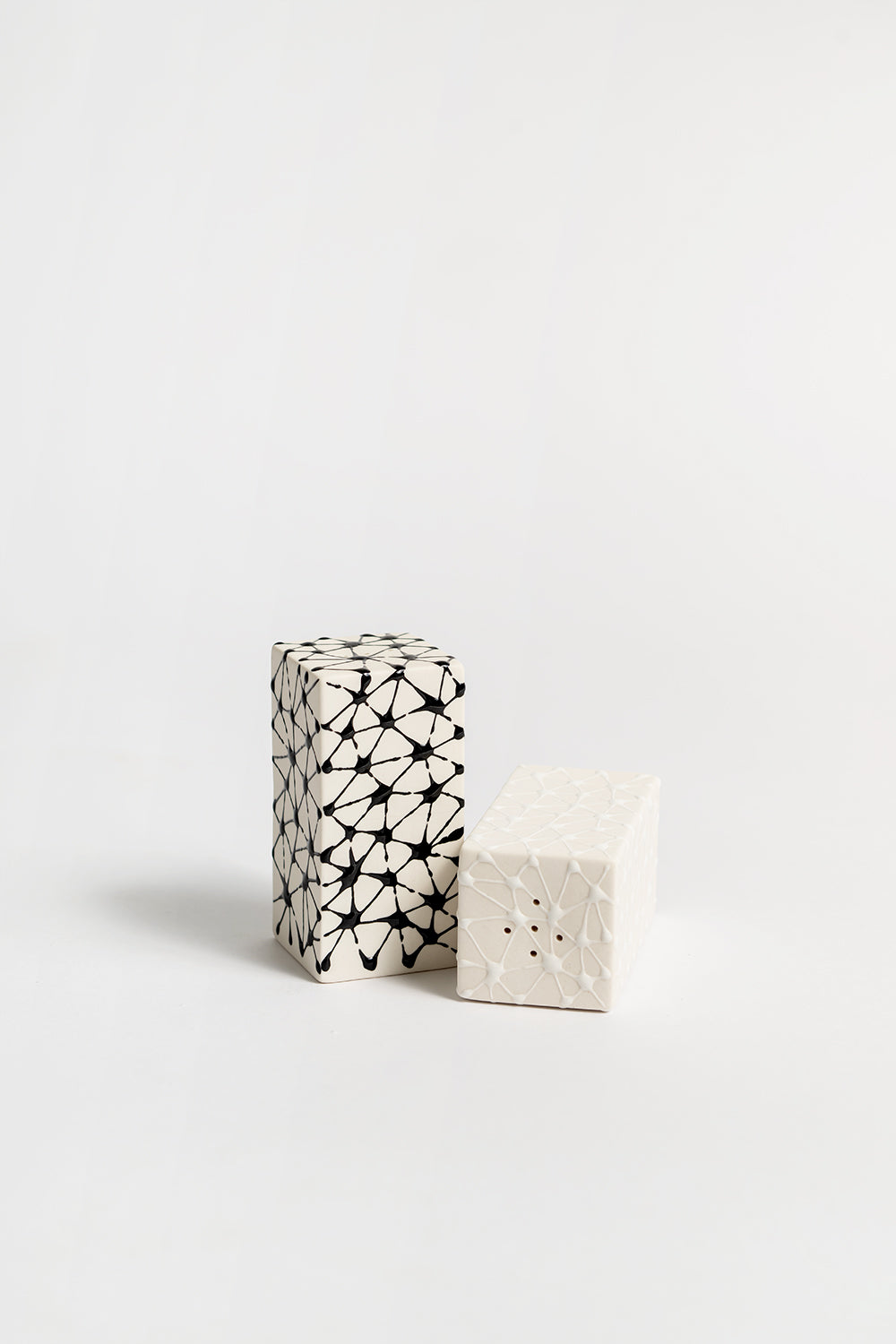 A pair of ceramic salt and pepper shakers with a geometric pattern 
